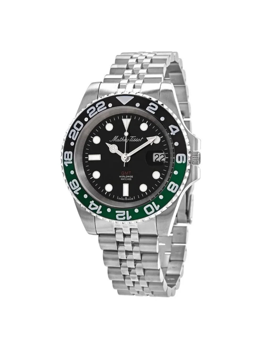 NWT Mathey-Tissot Mathy Vintage GMT Quartz Black Dial Sprite Bezel Men's Watch